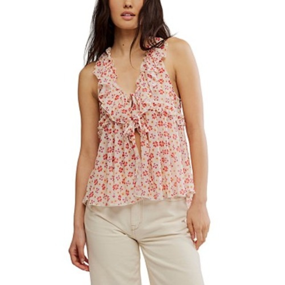 Coquette Free People Fearless Ruffle Tie Front Racerback Chiffon Tank Top Large